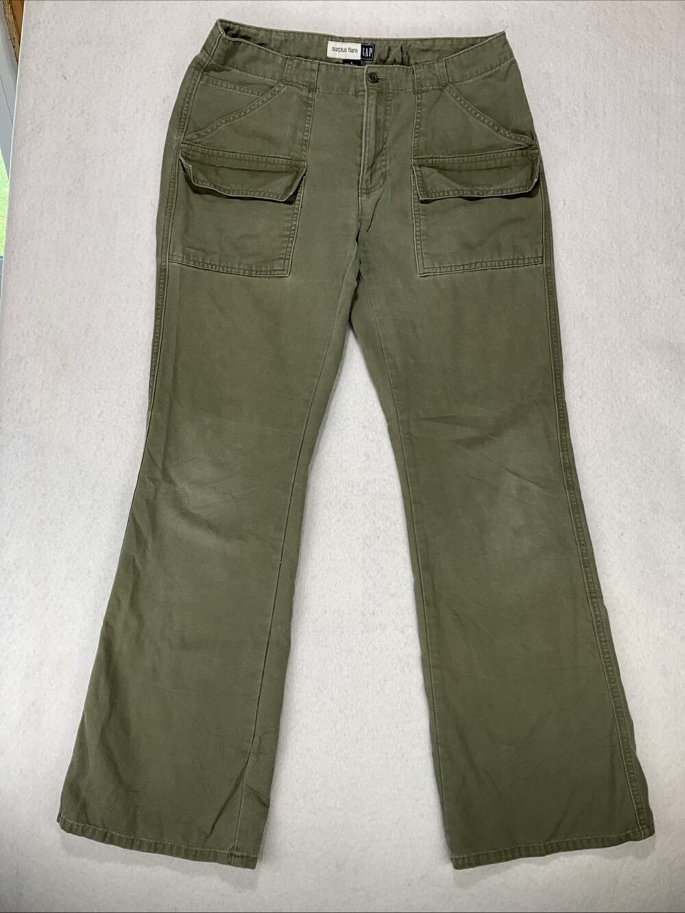 Gap Surplus Flare Denim Olive Green Size 8 Mid Rise Flap pockets Vintage Y2K